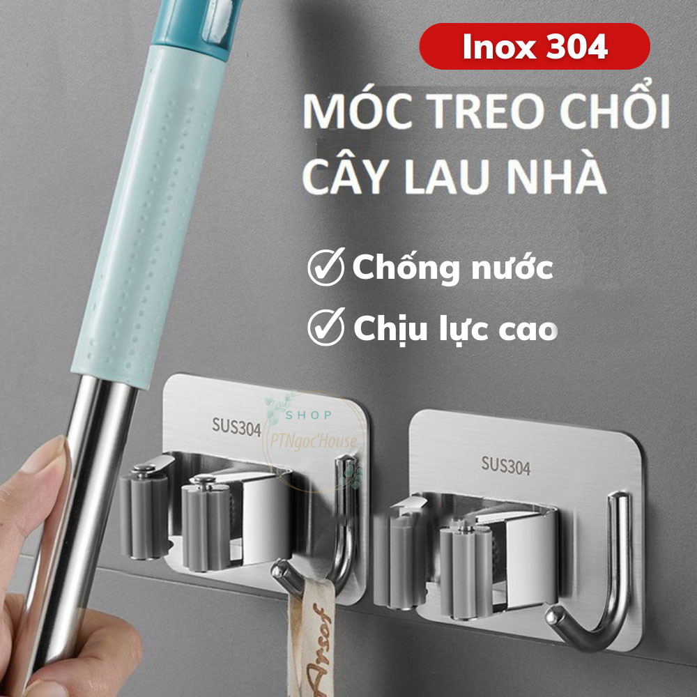 MÓC TREO CÂY LAU NHÀ, KẸP GIỮ CHỔI DÁN TƯỜNG INOX 304 CHỐNG GỈ - KÈM KEO DÁN CHỊU LỰC