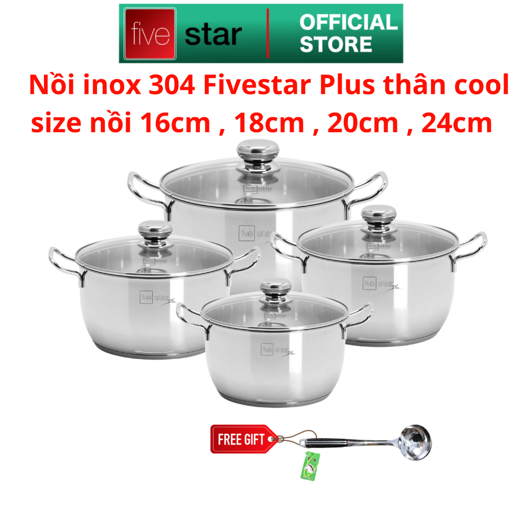 NỒI INOX 304 THÂN COOL FIVESTAR PLUS NẮP KÍNH, 3 ĐÁY DÙNG ĐƯỢC TẤT CẢ CÁC LOẠI BẾP SIZE 16CM | 18CM | 20CM | 24CM( KOL LIVE )