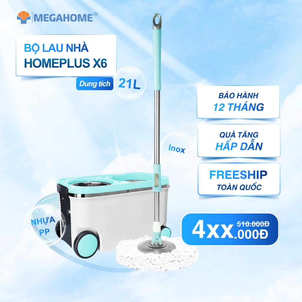 BỘ LAU NHÀ HOMEPLUS X6 MEGAHOME DUNG TÍCH 21L, LỒNG VẮT INOX, MÂM INOX, XOAY 360 ĐỘ