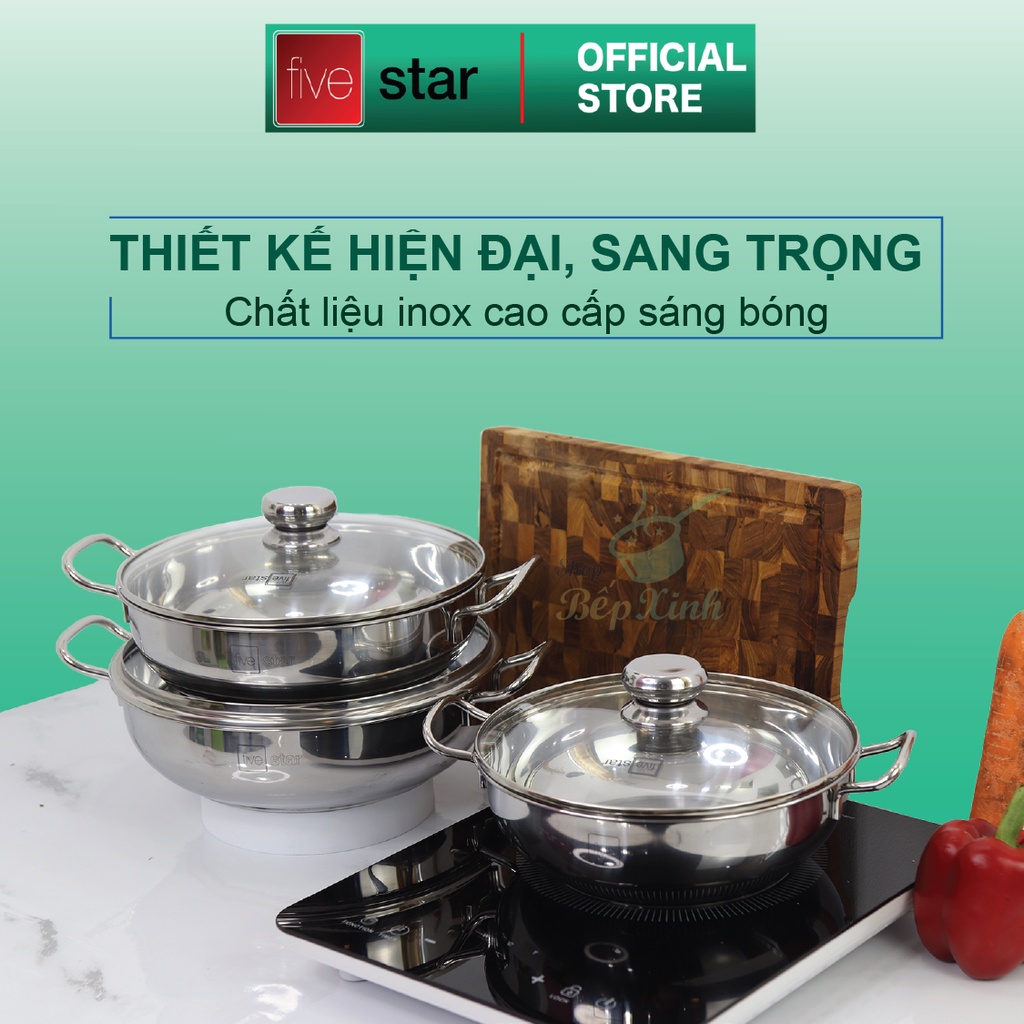 NỒI LẨU UM XÀO INOX 430 BẾP TỪ 3 ĐÁY FIVESTAR NẮP KÍNH ( 24CM / 26CM / 28CM )