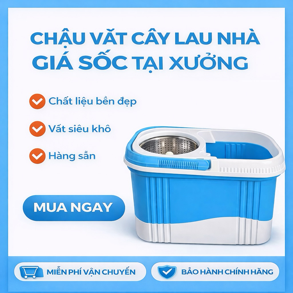 THÙNG LAU NHÀ VUÔNG XOAY 360 TỰ VẮT INOX CÓ BÁNH XE
